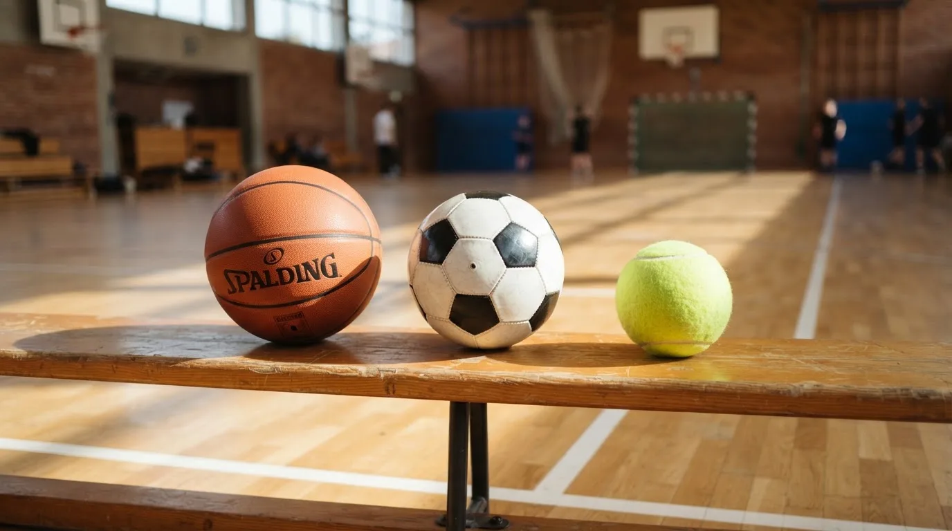 Drie ballen van verschillende soorten naast elkaar op een houten bank