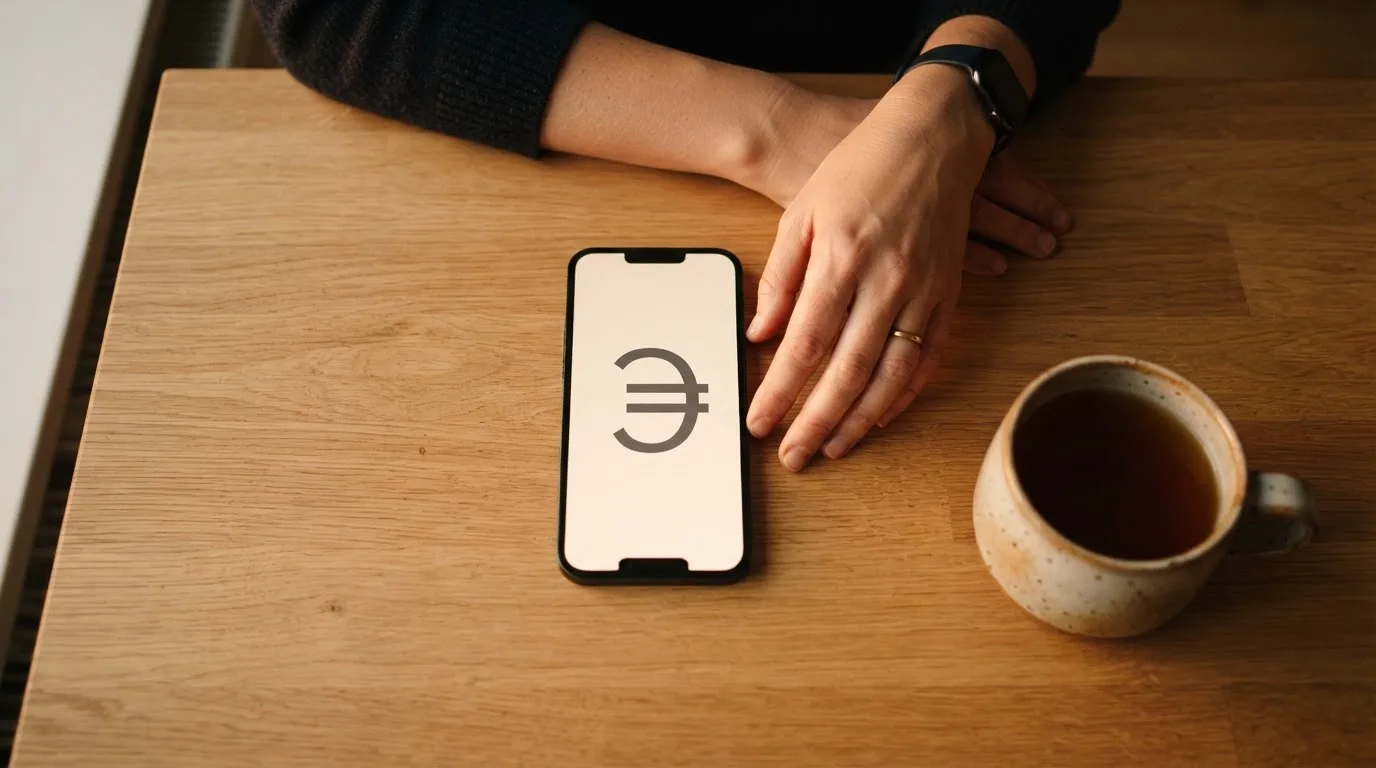 Een hand legt een smartphone naast een kopje thee op een keukentafel, een rustige avond
